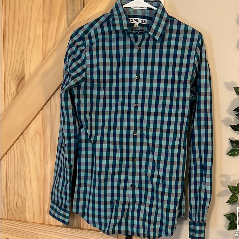 Express Men's Blue Checkered Shirt Extra Slim Fit